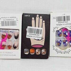 NIB SET OF 3 HALLOWEEN DECOR/PARTY PRESS ON NAILS, GHOSTS, PUMPKINS, 72 TOTAL